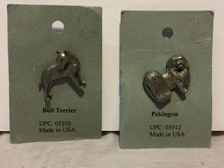 Pekingese And Bull Terrier,  Two Miniature Pewter Dogs,  Collectible Pins