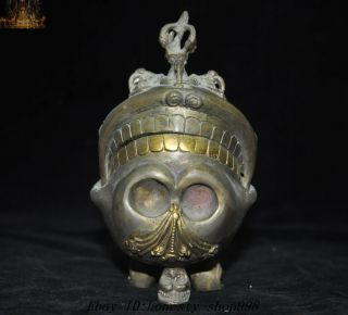 Old Tibet Temple Bronze Gilt Skull Vajra Scripture Sutra Bowl Kapala Skull Cup
