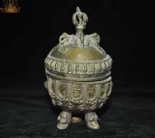 Old Tibet Temple Bronze gilt Skull Vajra Scripture Sutra Bowl Kapala Skull Cup 8