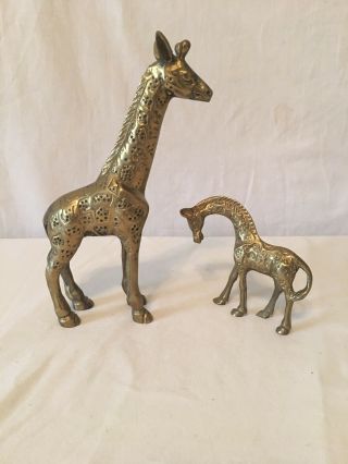 Vintage Mother And Baby Brass Giraffe Figurines
