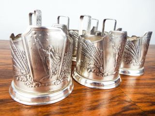 Vintage Set Of 6 Russian Silver Plated Glass Cup Holders Ussr Soviet Space Era