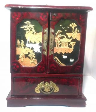 Vintage Jewelry Box Cabinet Jade Inserts - Chinese Wooden Music Box Rare Floral