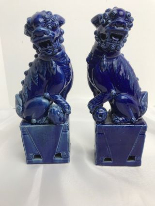 Pair Vintage Chinese Cobalt Blue Porcelain Foo Dogs Statues Temple Guarding Lion