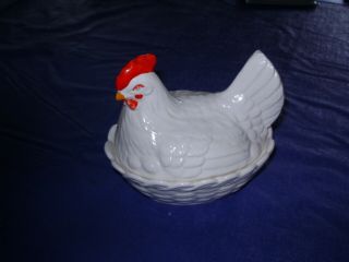 Ceramic Hen Chicken On Nest Glass Covered Candy Dish