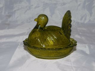 Vintage Green Glass Mini Turkey On Nest Covered Dish Small