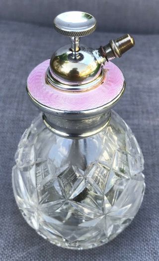 Lovely Sterling Silver & Cut Glass Guilloche Enamel Perfume Bottle,  C1900
