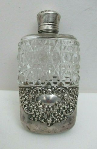Antique Unger Brothers Sterling Silver & Cut Glass Flask