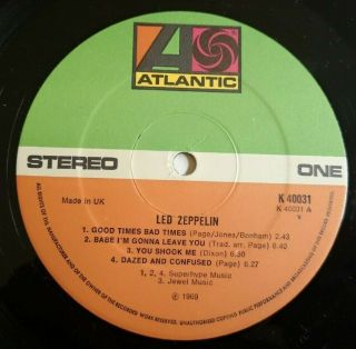 Led Zeppelin LP 1 Same UK Atlantic press A1 B3, , , , , 6