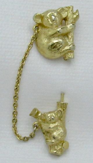 Vintage Avon Gold Tone Linked Koala Bear & Baby Climbing Branch Stick Pin Brooch