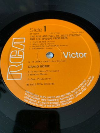 THE RISE & FALL OF ZIGGY STARDUST David Bowie 12 Inch Vinyl LP RCA Lyric Insert 3