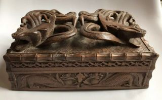 Vintage Chinese Wooden Box With High Relief Carved Serpents