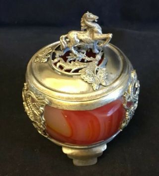 Unusual Chinese Silver White Metal Mounted Incense Burner With Character Mark