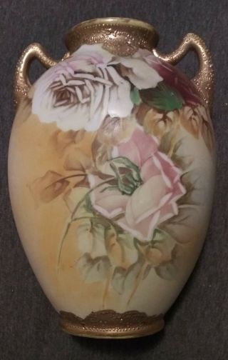 Rare Antique Nippon Vase White Roses 7.  5 " H