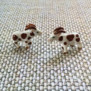 2 Tiny Goats White Brown Painted Dollhouse Miniature Animal Ceramic Figurines