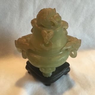 Antique Chinese Carved Jade Incense Burner On Wood Stand
