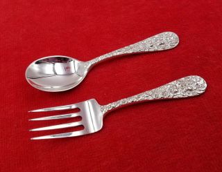 Rose By Stieff Repousse Sterling Silver 2 Piece Baby / Child Spoon & Fork Set