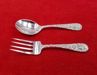 Rose by Stieff Repousse Sterling Silver 2 Piece Baby / Child Spoon & Fork Set 2