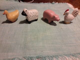 Four Country Wood Carved Painted Farm Animals,  Rooster,  Pig,  Sheep And Duck