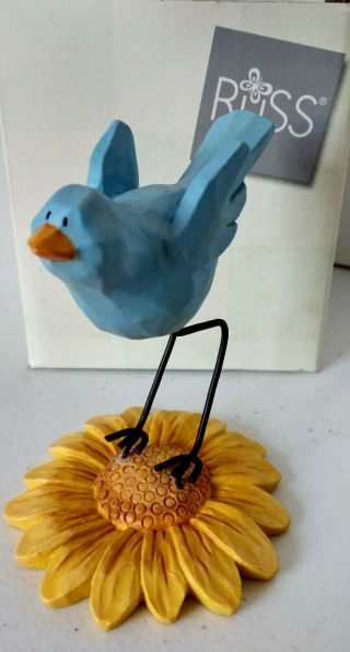 Nib Hand Painted Russ Fine Feathered Friends Figurine Blue Bird & Sunflower