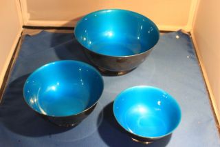 Set Of 3 Reed & Barton Silver Plated Bowls Blue Enameled Interior