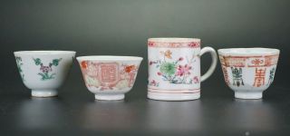 Four Antique Chinese Famille Rose Porcelain Tea Bowl Cup Mug 18th/19th C Qing