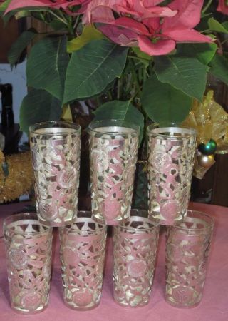 7 Vintage Rose Sterling 925 7 " Tumblers Highball Glasses Taxco Mexico Snr