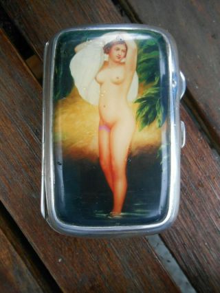 Exceptional Art Deco Solid Silver Enamel Erotic Lady Cigarette Case Rare