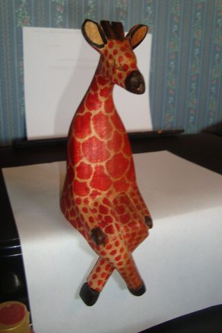 Hand Carved Painted Wood Sitting Giraffe Sits On Shelf Made In Kenya 8 " Total