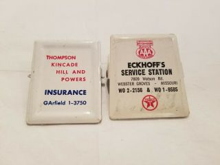 2 Advertising Metal Paper Clips Vintage.  Insurance Company And Service Station