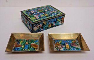 Antique Chinese Enamel Cigarette Box Cloisonne W/ Two Trays Green Blue