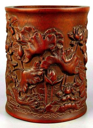 Antique Chinese Bamboo Paint Brush Holder Hand Craved Lotus Flowers 2