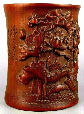 Antique Chinese Bamboo Paint Brush Holder Hand Craved Lotus Flowers 4