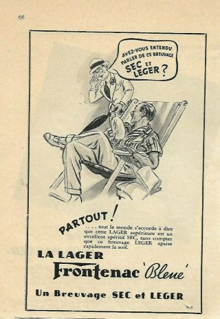 1940 Frontenac Blue Lager Beer Ad In French