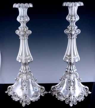 Gorgeous Large Pair Jewish Shabbat Silver Plate Neo Baroque Candlesticks Lamps