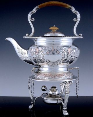 Very Fine Victorian Repousse Silver Plate Tipping Teapot Kettle On Warming Stand