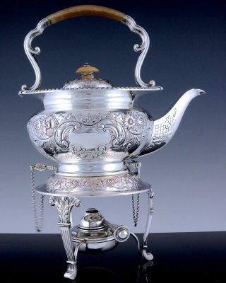 VERY FINE VICTORIAN REPOUSSE SILVER PLATE TIPPING TEAPOT KETTLE ON WARMING STAND 3