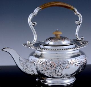 VERY FINE VICTORIAN REPOUSSE SILVER PLATE TIPPING TEAPOT KETTLE ON WARMING STAND 5