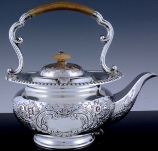 VERY FINE VICTORIAN REPOUSSE SILVER PLATE TIPPING TEAPOT KETTLE ON WARMING STAND 6