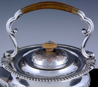 VERY FINE VICTORIAN REPOUSSE SILVER PLATE TIPPING TEAPOT KETTLE ON WARMING STAND 7