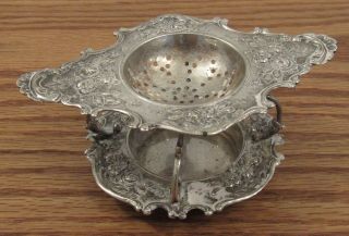 Antique German 800 Silver Ornate Tea Bag Holder/strainer On Stand Roses/flowers