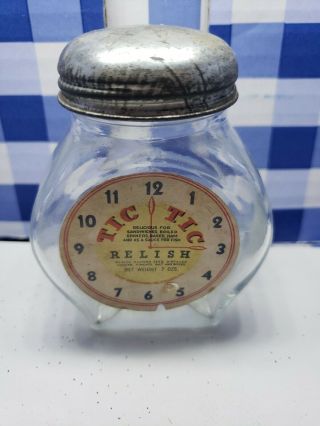 Antique Rare Vintage Collectible Tic Tic Relish Jar Clock Back 70z W Label