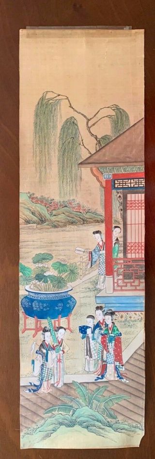 Vintage Old Chinese Hand Painted On Fabric Scroll Panel