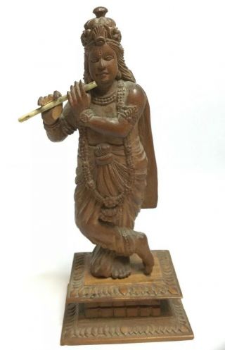 Antique Oriental Wooden Carved Figure Of Krishna Playing Flute Hindu Deity / God