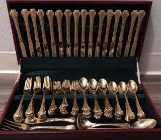 Vintage Fb Rogers Gold Stainless Silverware Set 85 Piece Wood Box - Service For 16