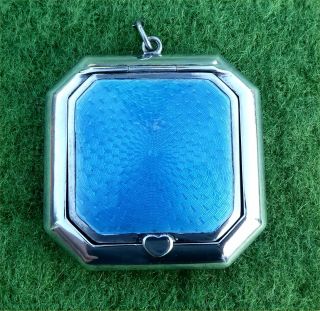 Fab Looking Octagonal Silver & Blue Enamel Pendant Compact Case - Birmingham 1922