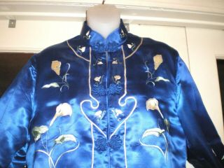 Antique Chinese Royal Blue Silk Jacket/robe Embroidered W/white Calla Lilies