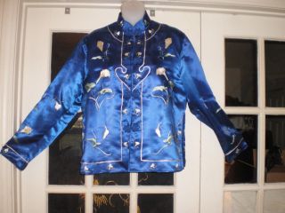 Antique Chinese Royal Blue Silk Jacket/Robe Embroidered w/White Calla Lilies 2
