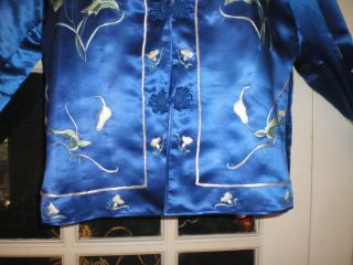 Antique Chinese Royal Blue Silk Jacket/Robe Embroidered w/White Calla Lilies 4