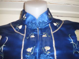 Antique Chinese Royal Blue Silk Jacket/Robe Embroidered w/White Calla Lilies 5