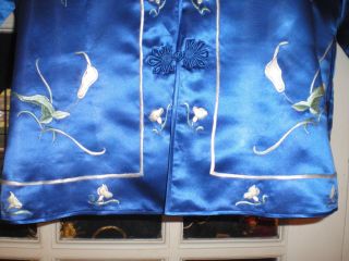 Antique Chinese Royal Blue Silk Jacket/Robe Embroidered w/White Calla Lilies 6